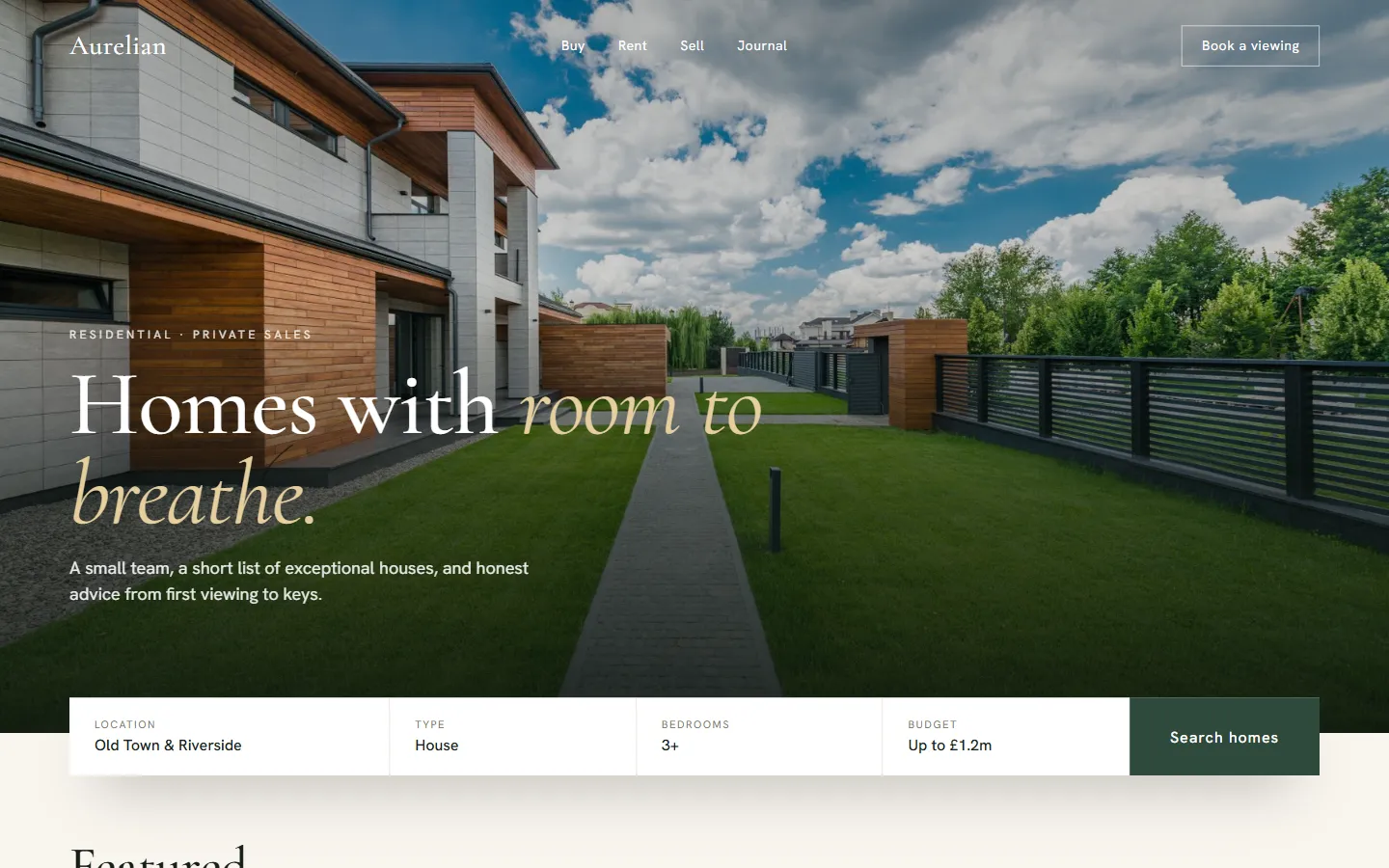 Sample real estate website concept: Aurelian Estates, desktop view