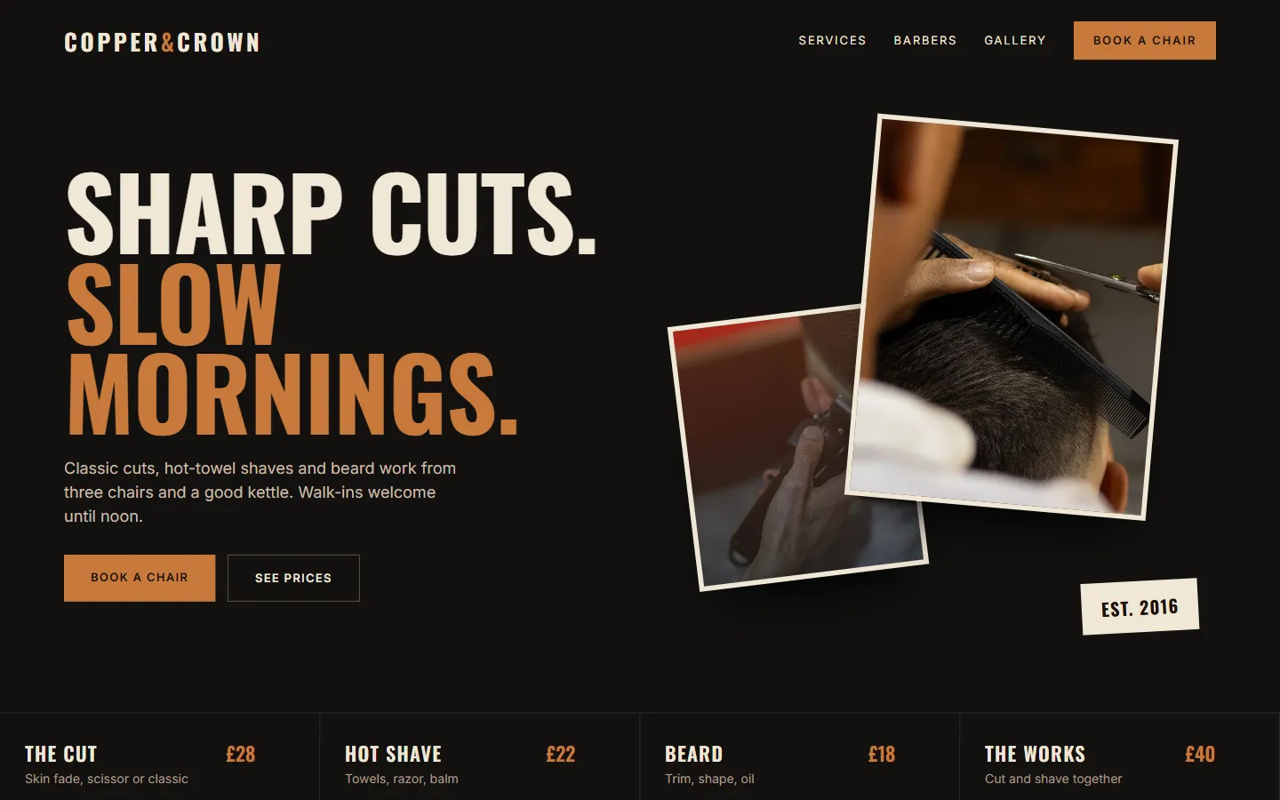 Sample barber shop website concept: Copper & Crown, desktop view