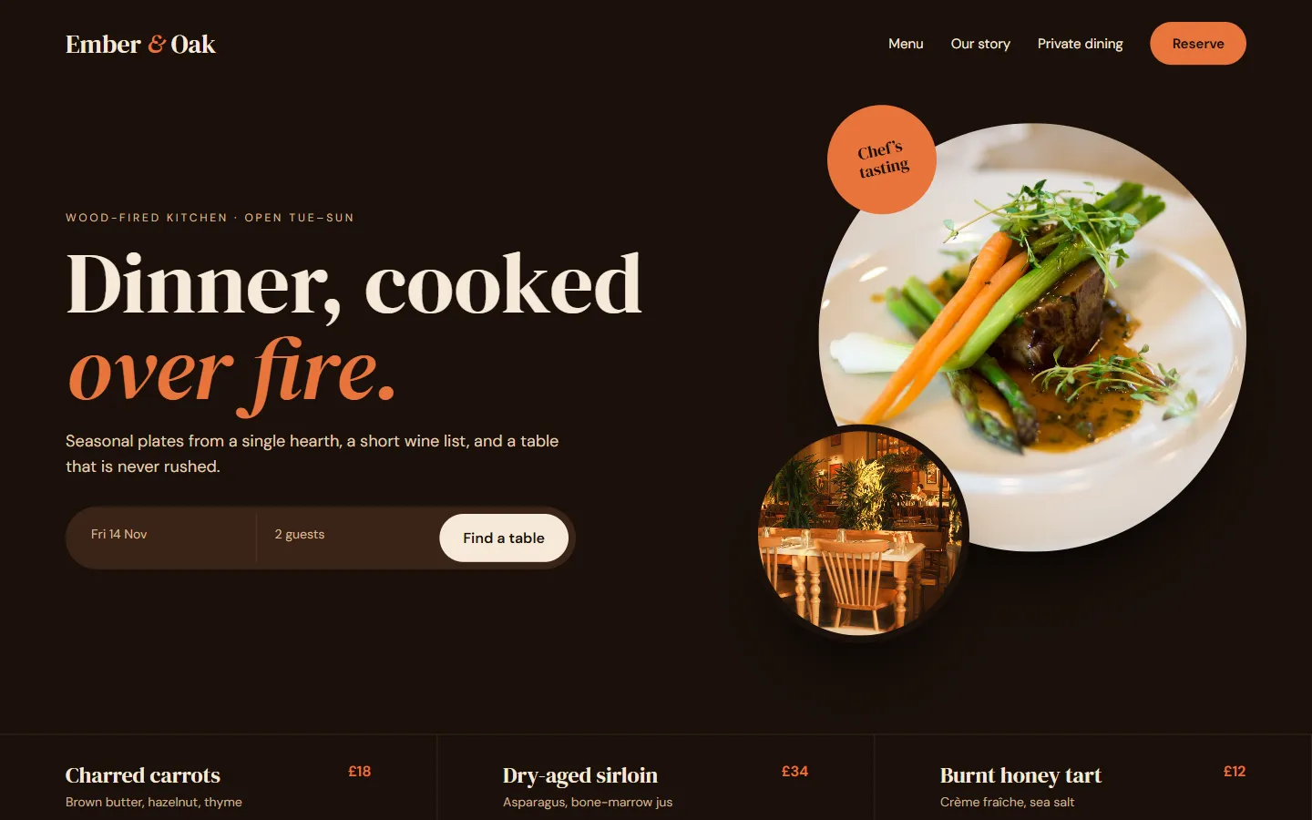 Sample restaurant website concept: Ember & Oak, desktop view