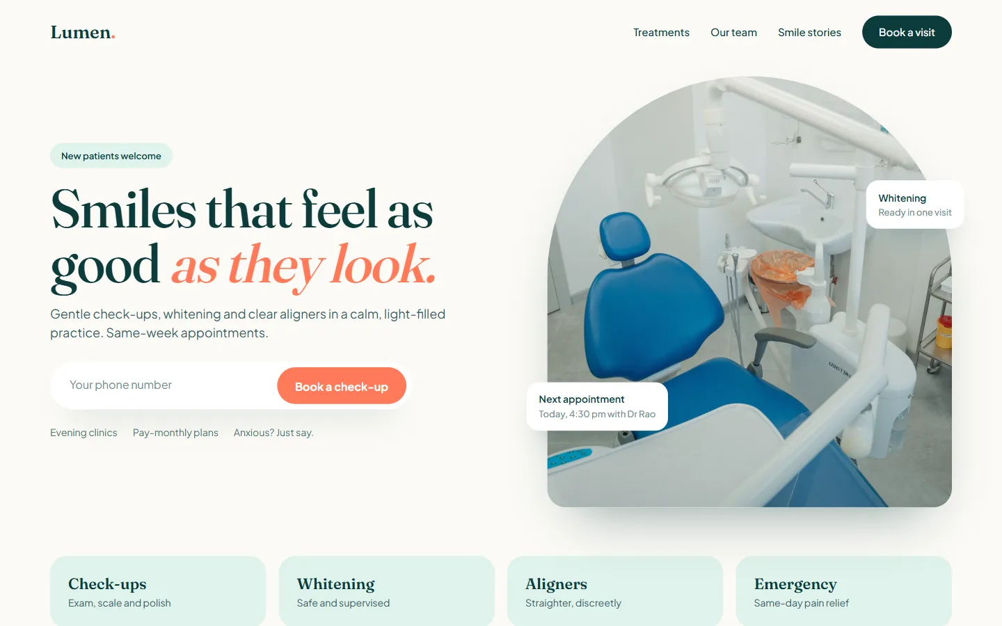 Sample dental website concept: Lumen Dental, desktop view