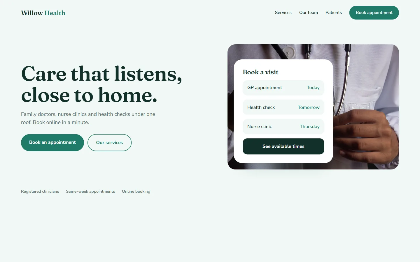 Sample clinic website concept: Willow Health Clinic, desktop view